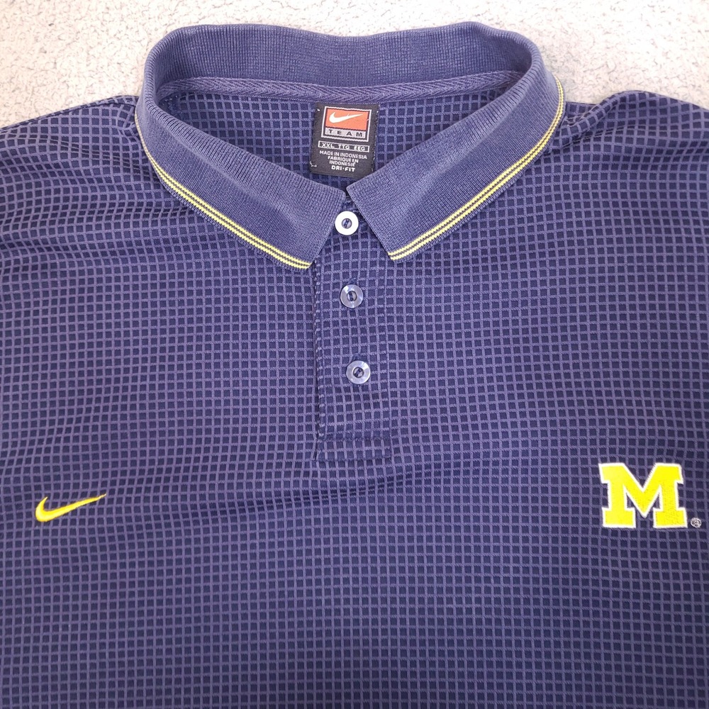 Vintage Michigan Wolverines Nike Polo Shirt Mens XXL Blue Textured Check Dri-Fit